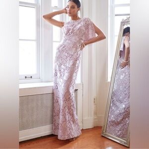 NWT JS Collections Arabella Sequin Guipure Lace Pleated Gown in Amethyst size 12